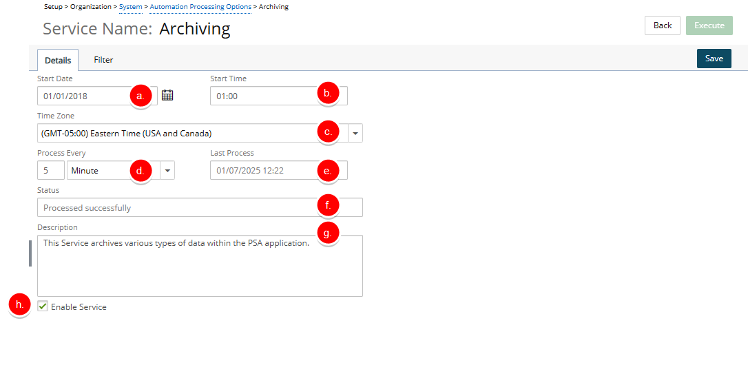 Configure the general details of the Archive Service