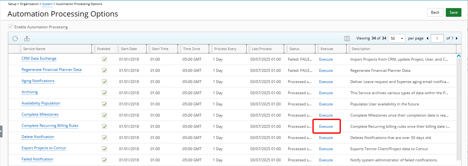 Click the Execute link next to the desired Automation Service on the Automation Processing Options page.
