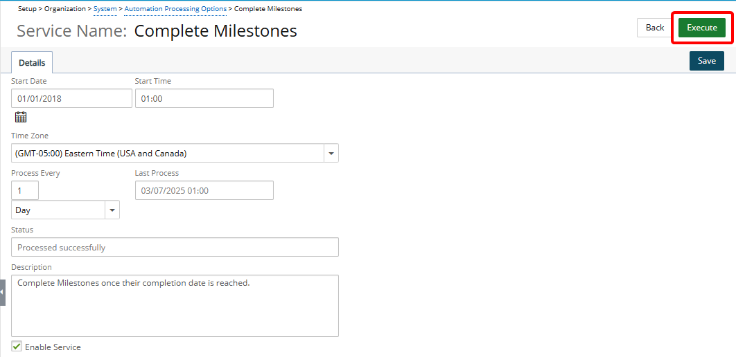 Click the Service Name to open the Automation Service Setup page, and then click Execute button.