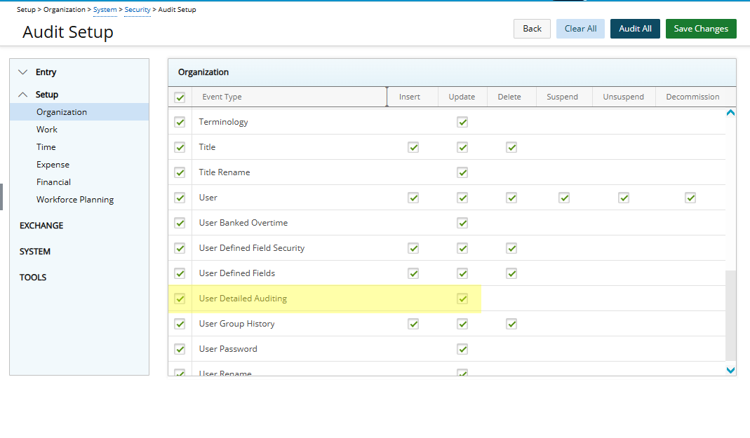 Select the Update  box for User Detailed Auditing Event Type.