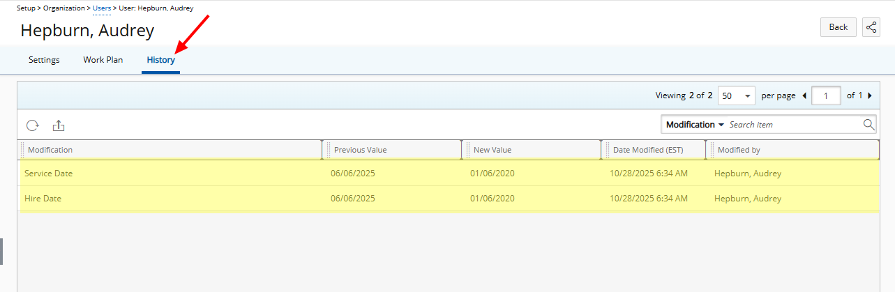With the User Detailed Auditing turned on, detailed changes made to  user fields across the General, Personal, Security, and User Defined Fields (UDFs) tabs are captured and can be reviewed in the new History tab available on the User Edit page.