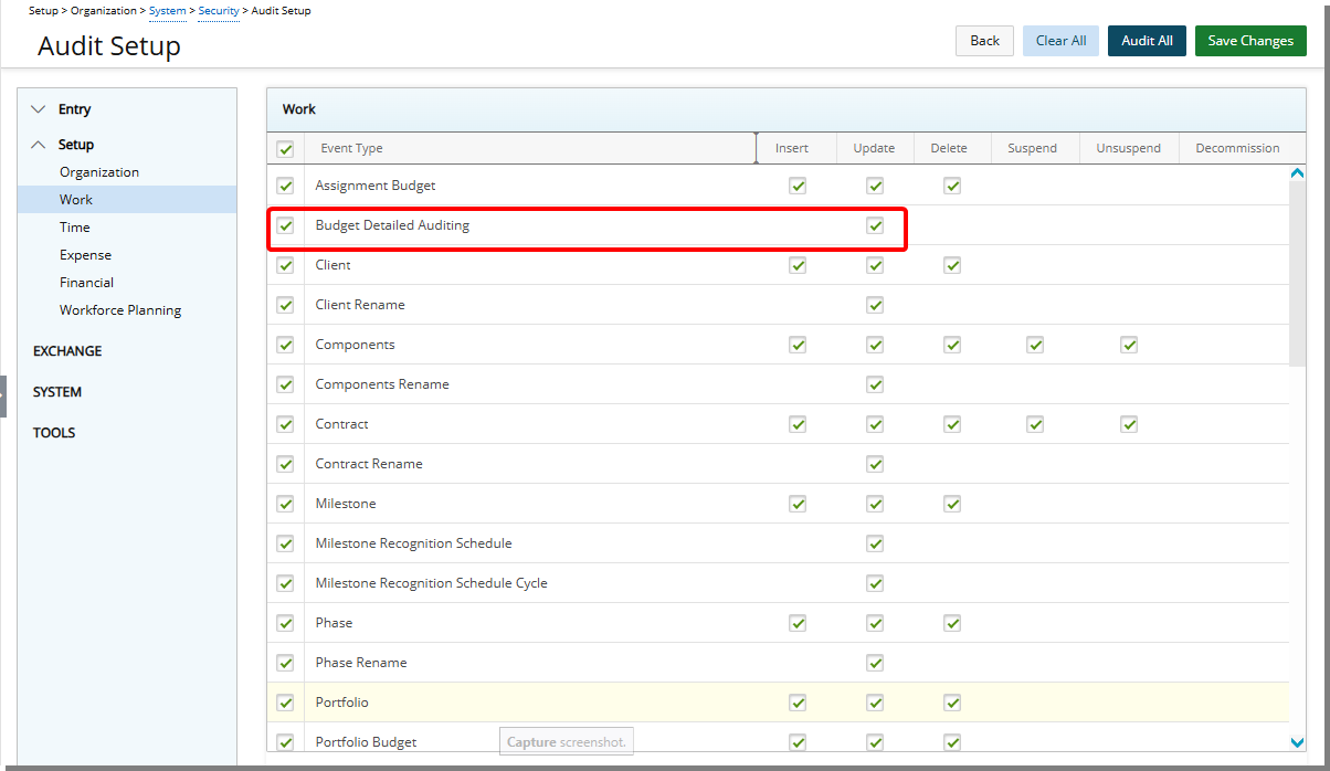 Select the Update  box for Budget Detailed Auditing Event Type.