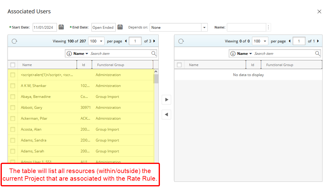 The table will list all resources (within/outside) the current Project that are associated with the Rate Rule.