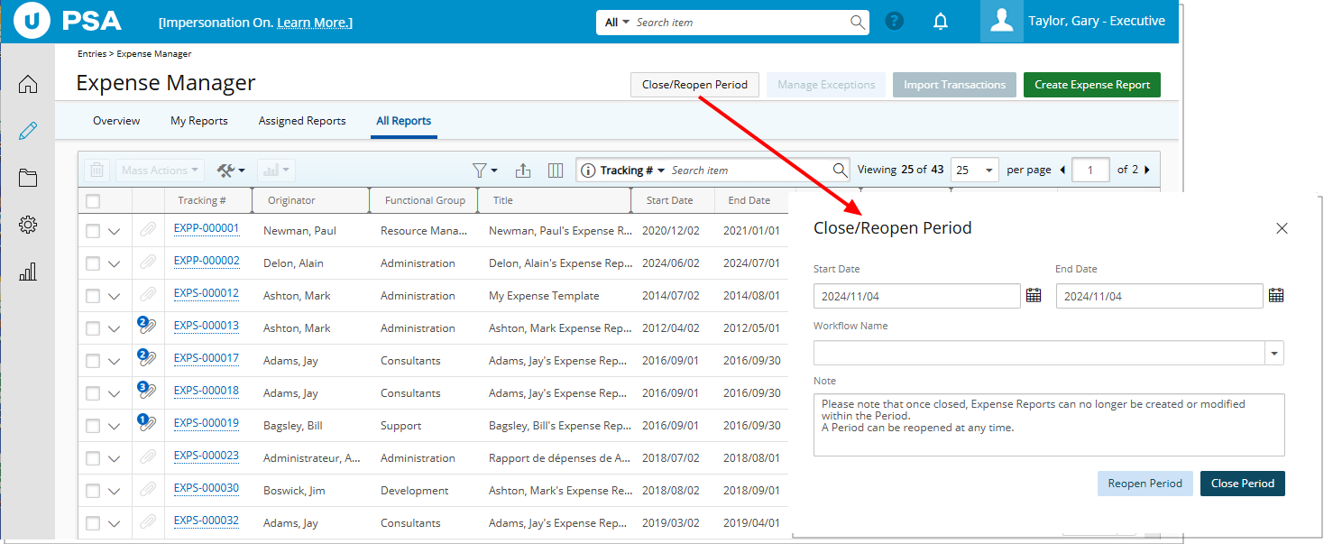 Can close/reopen Expense Report periods