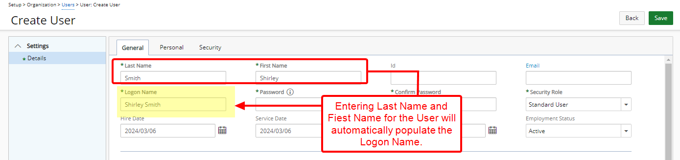 First and Last name is selected