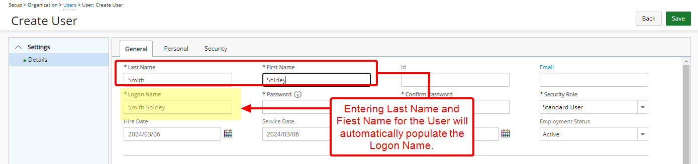 Last and First name is selected