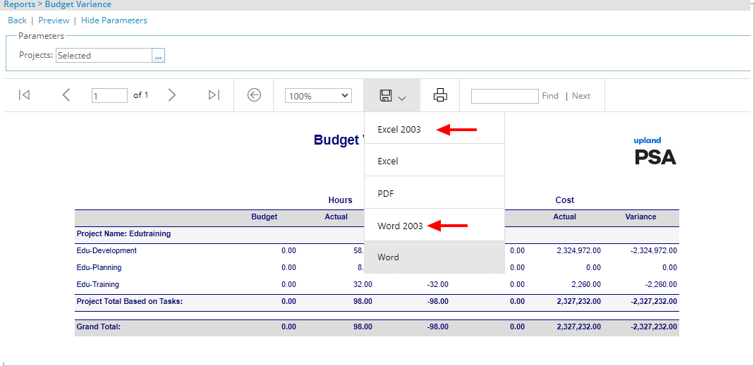 Option to xport to Excel/Word 2003
