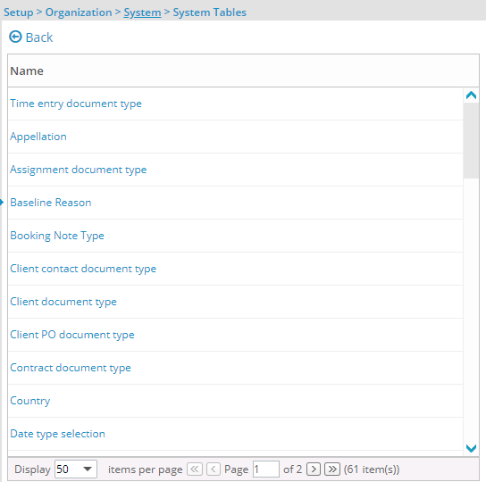 View the System Tables list