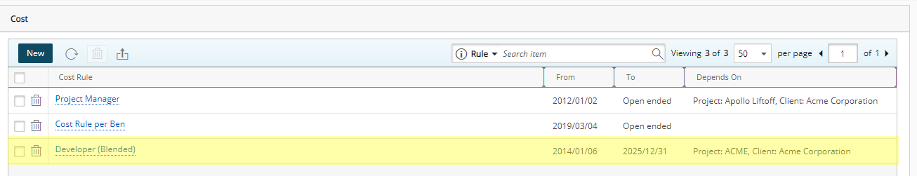 View the selected cost rule in the list