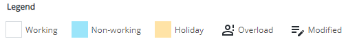 Note the current settings, as explained by the legend: white is Working, blue is Non-working, yellow is Holiday; a small icon of a user with an exclamation mark (!) beside them means Overload, and after any changes are committed through Update Interval, and modified dates show the Modified icon.