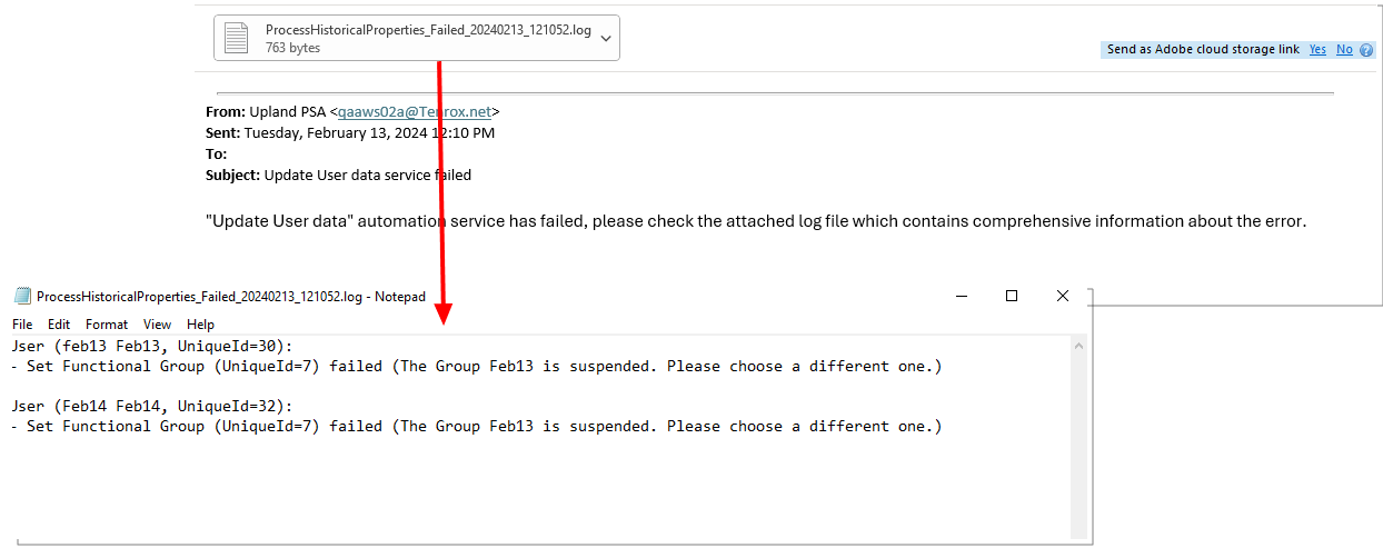 Failure notification with attached log file