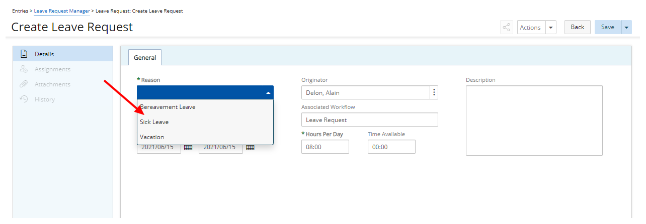 View the Leave Time Task list option on the Leave Request form