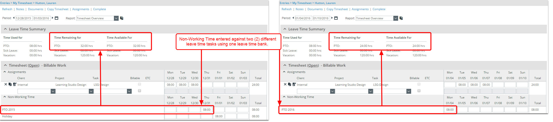 Make a leave time entry against a task under the work type