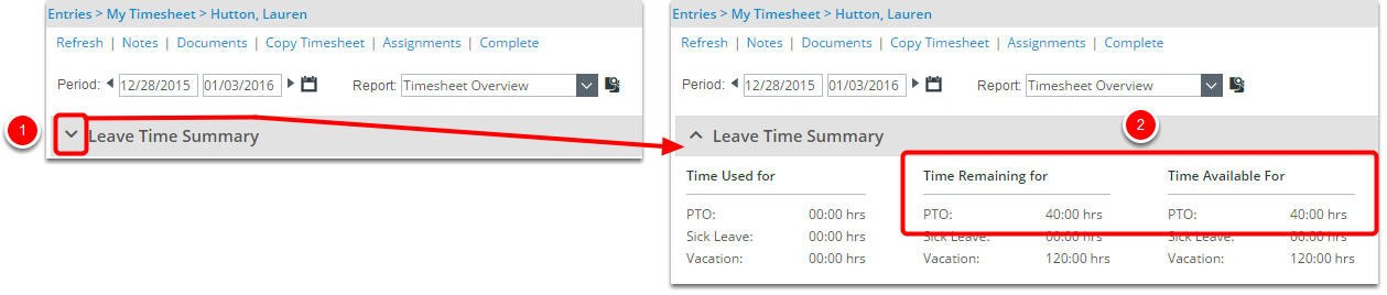 View the leave time work type with multiple tasks under the Leave Time Summary section of the Timesheet