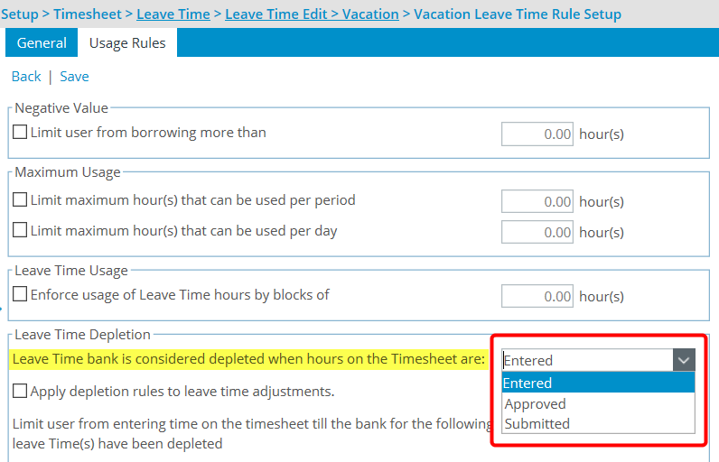 Select when the Leave Time bank should be considered depleted