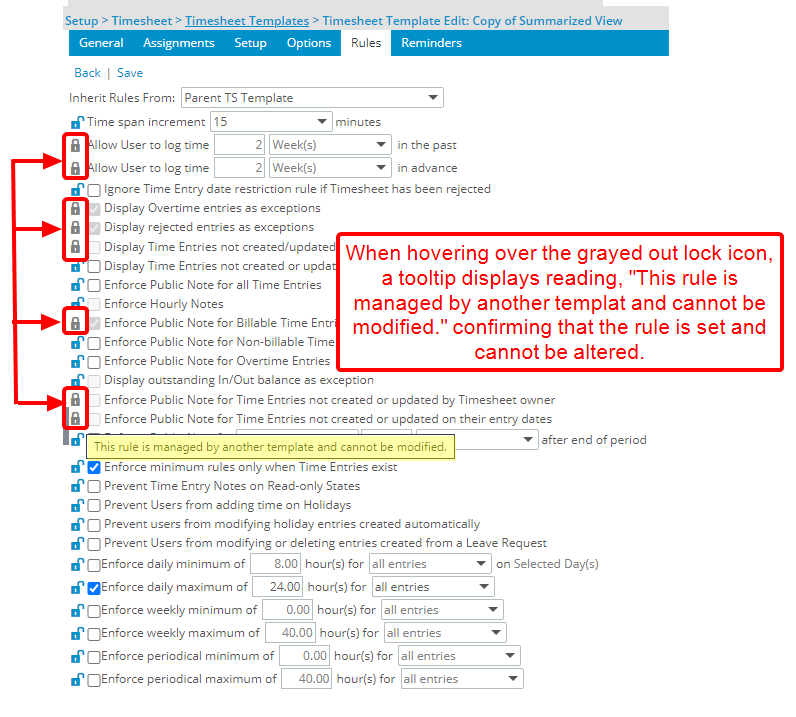 View the enforcement of inherited rules on a timesheet template