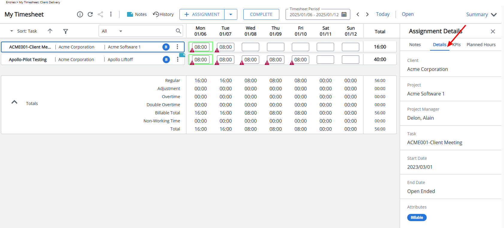 Assignment Details – Details: Displays the Details tab  under Assignment Details by default.