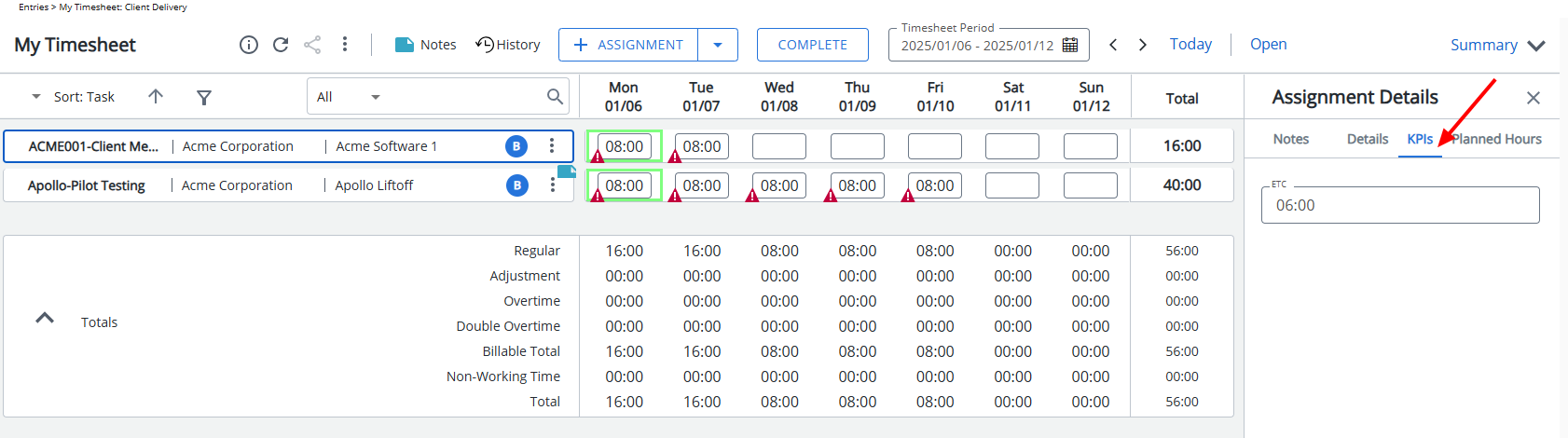 Assignment Details – KPIs: Displays the KPIs tab  under Assignment Details by default.
