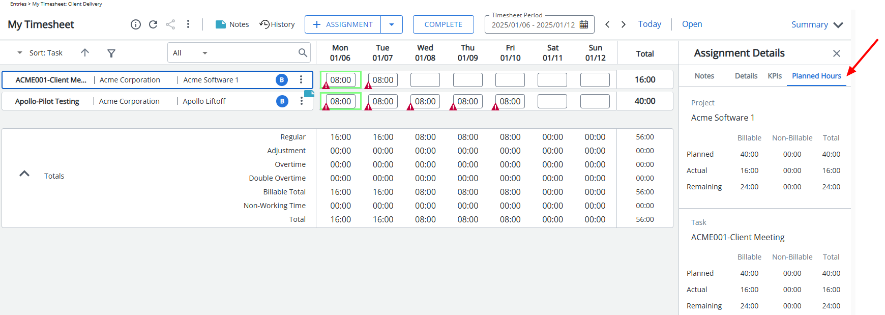 Assignment Details – Planned Hours: Displays the Planned Hours tab  under Assignment Details by default.