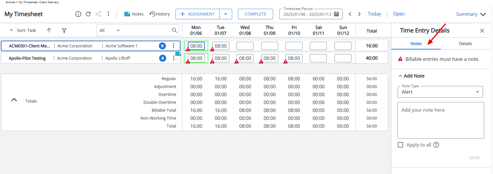 Time Entry Details – Notes: Displays the Notes tab under Time Entry Details by default.