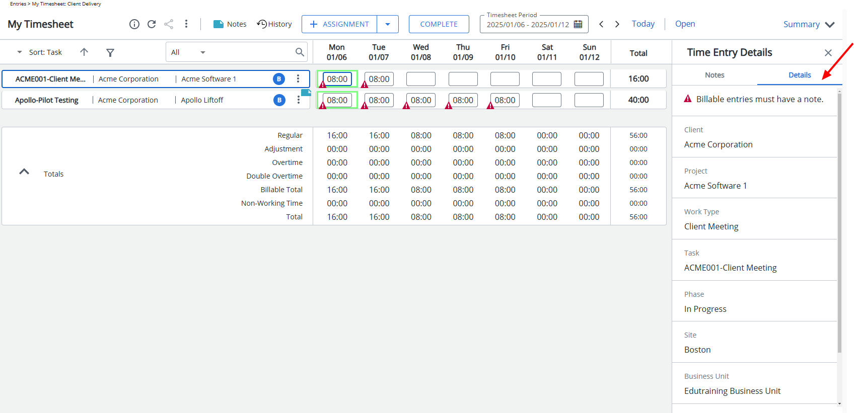 Time Entry Details – Details: Displays the Details tab under Time Entry Details by default.