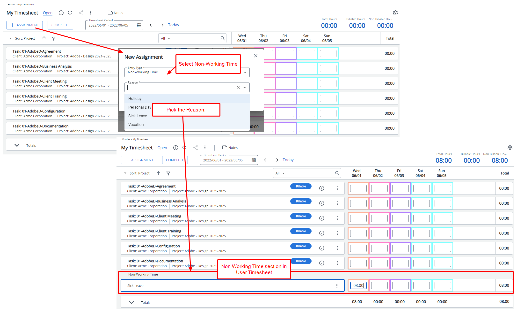 View the impact as a user making an entry on their timesheet