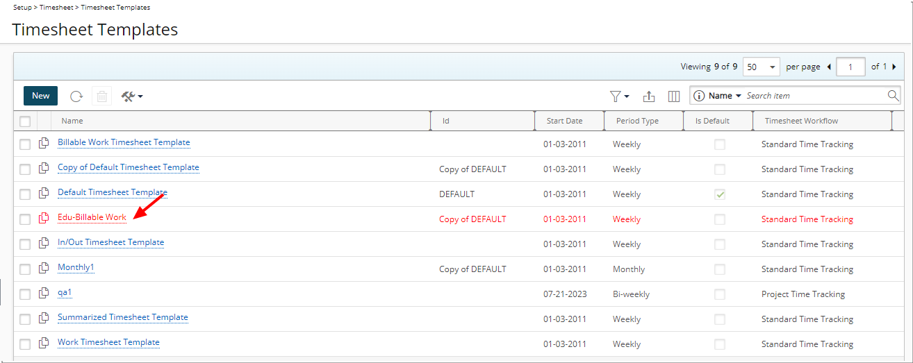 Suspended Templates are displayed in red