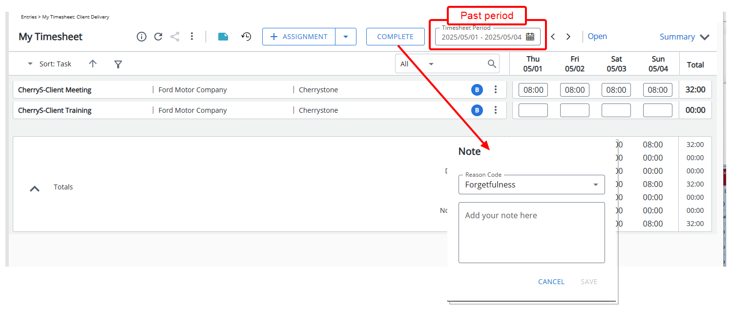 Upon submitting a Timesheet after the due date, the system will display a prompt requiring them to select a Reason from a predefined list. 