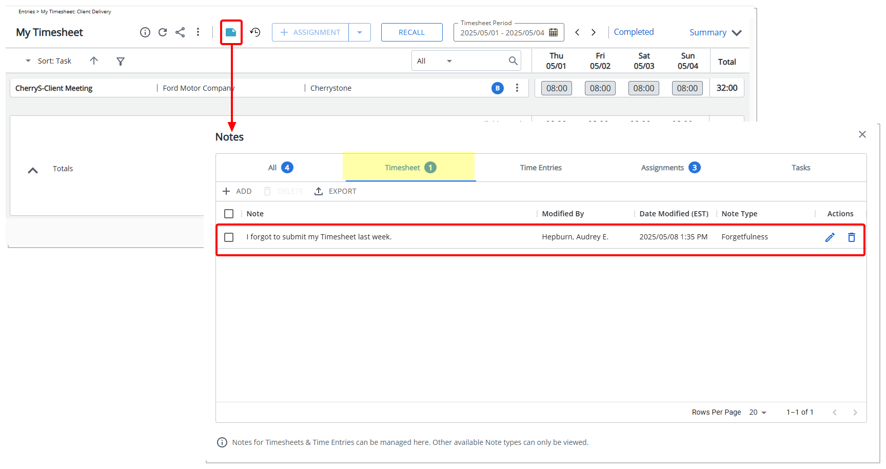 Additionally, an optional text area is available for further justification. Upon saving, the Note can be accessed through the Timesheet tab of Timesheet Notes dialog box.