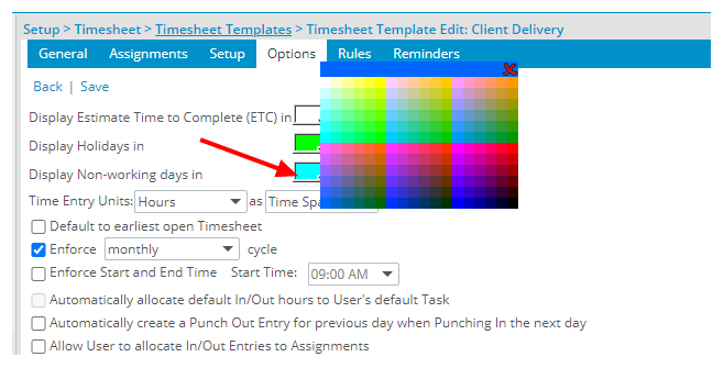 Select a color for the Non-working days