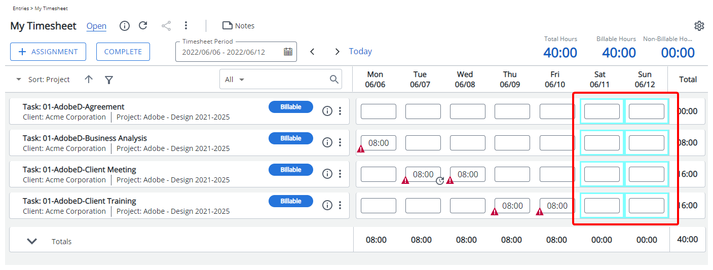 View the impact as a user making an entry on their timesheet