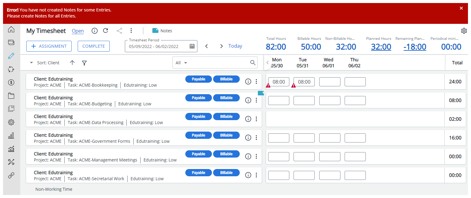 View the impact as a user making an entry on their timesheet