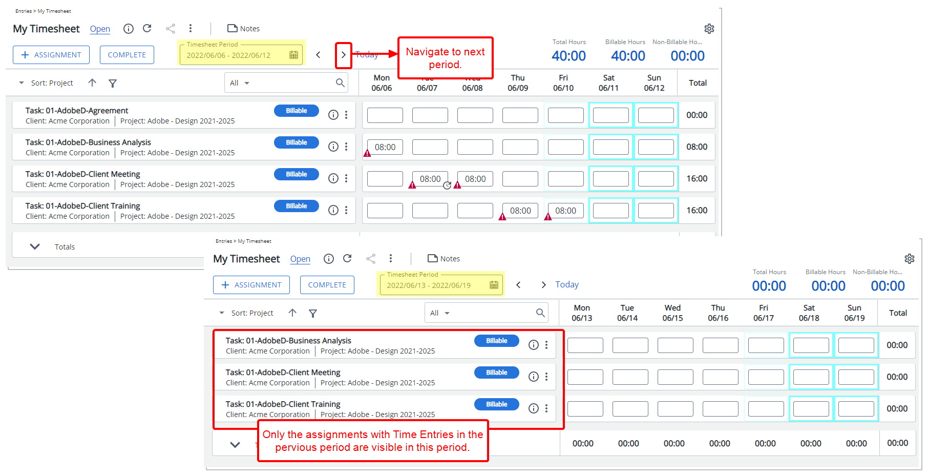 View the impact as a user making an entry on their timesheet