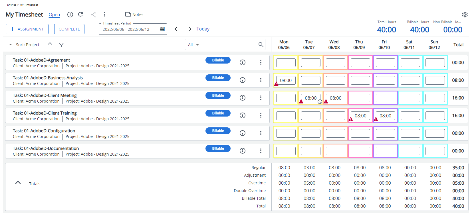 View the impact as a user making an entry on their timesheet