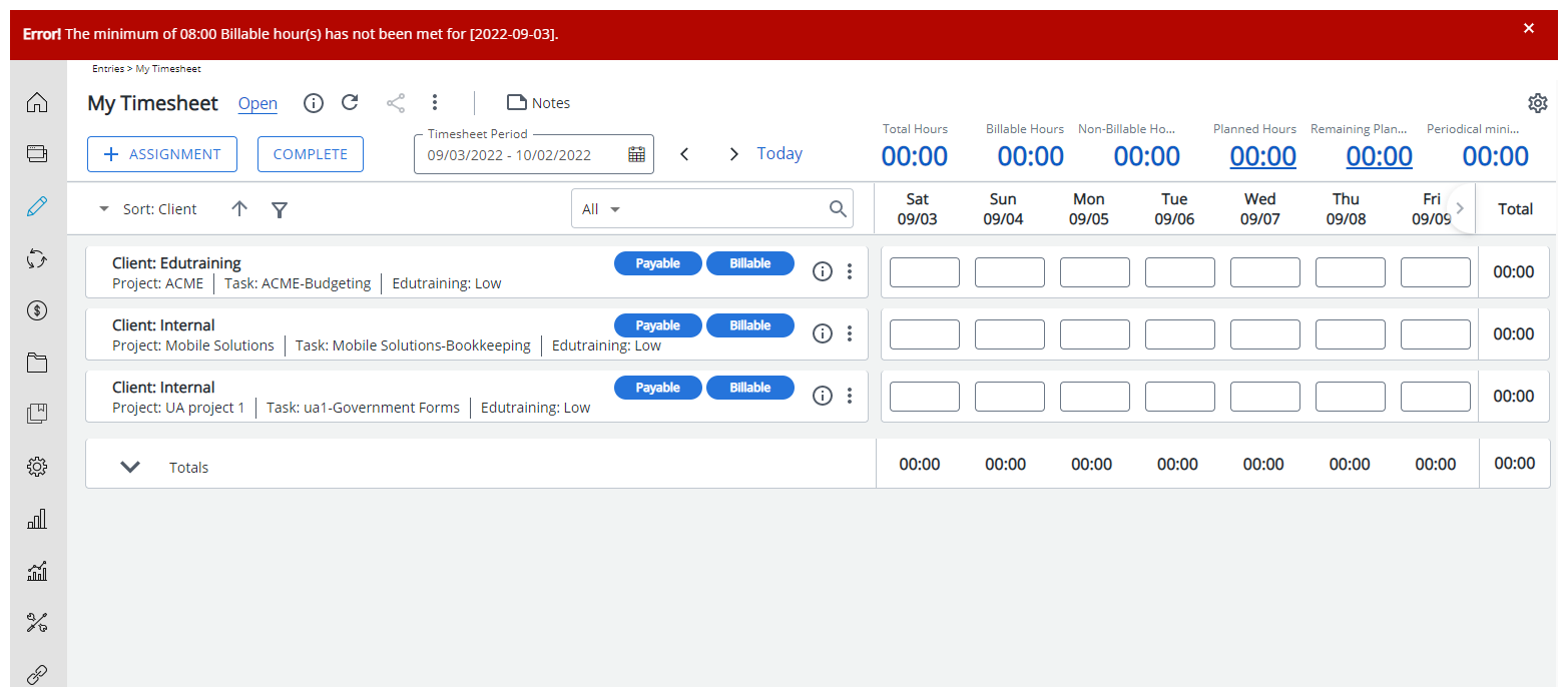 View the impact as a user trying to submit an empty Timesheet