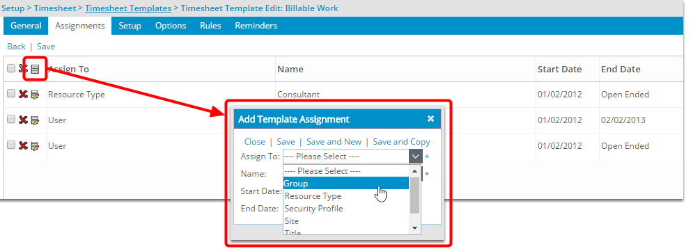 Creating a new Template Assignment