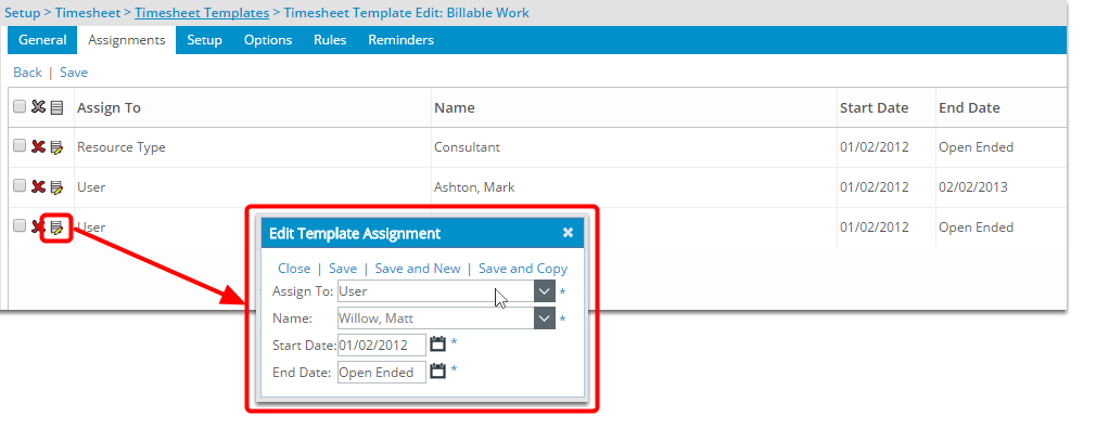 Editing a Template Assignment