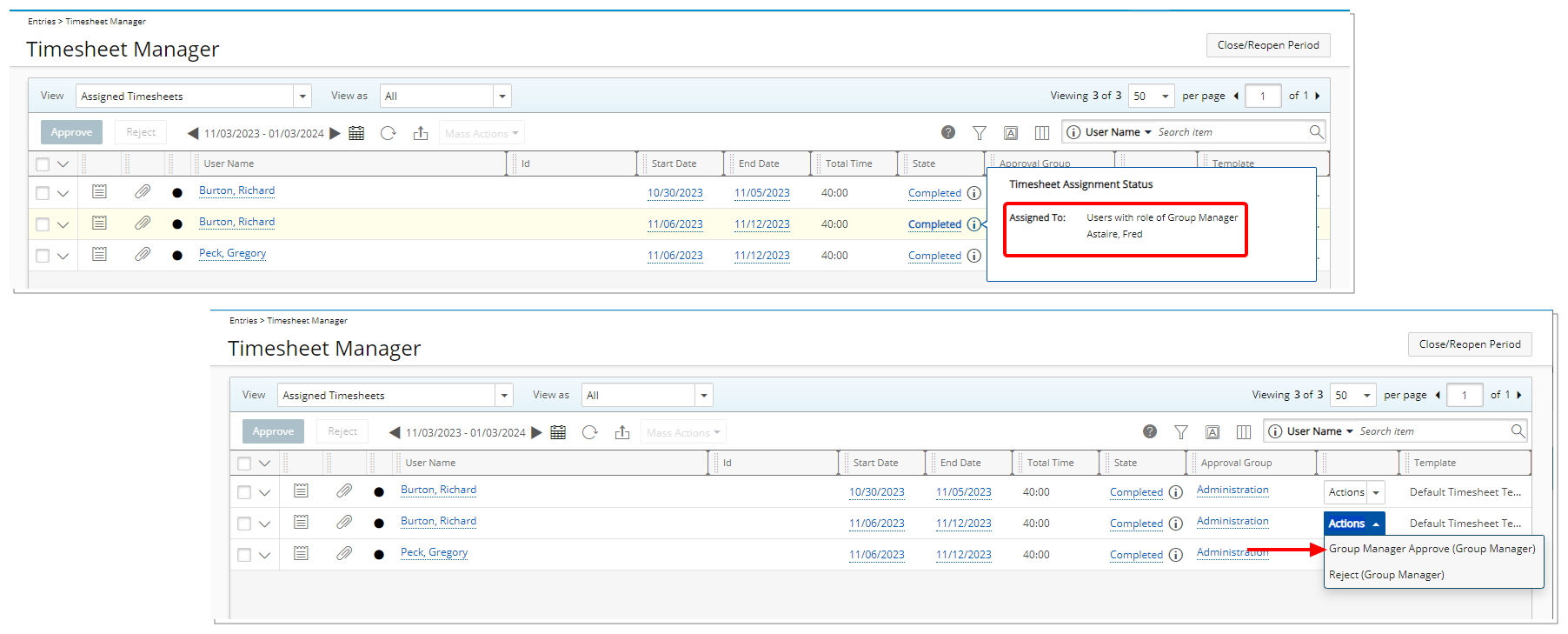 View assigned entry and the transition