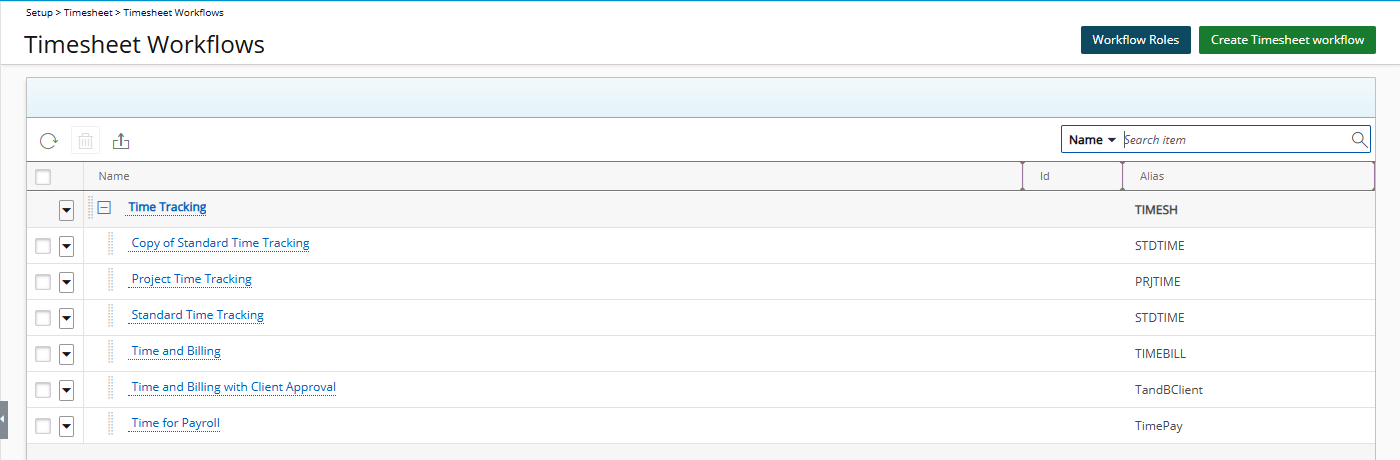 View Timesheet Request Workflows list page