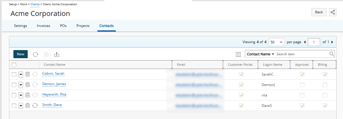 View Client Contact List page