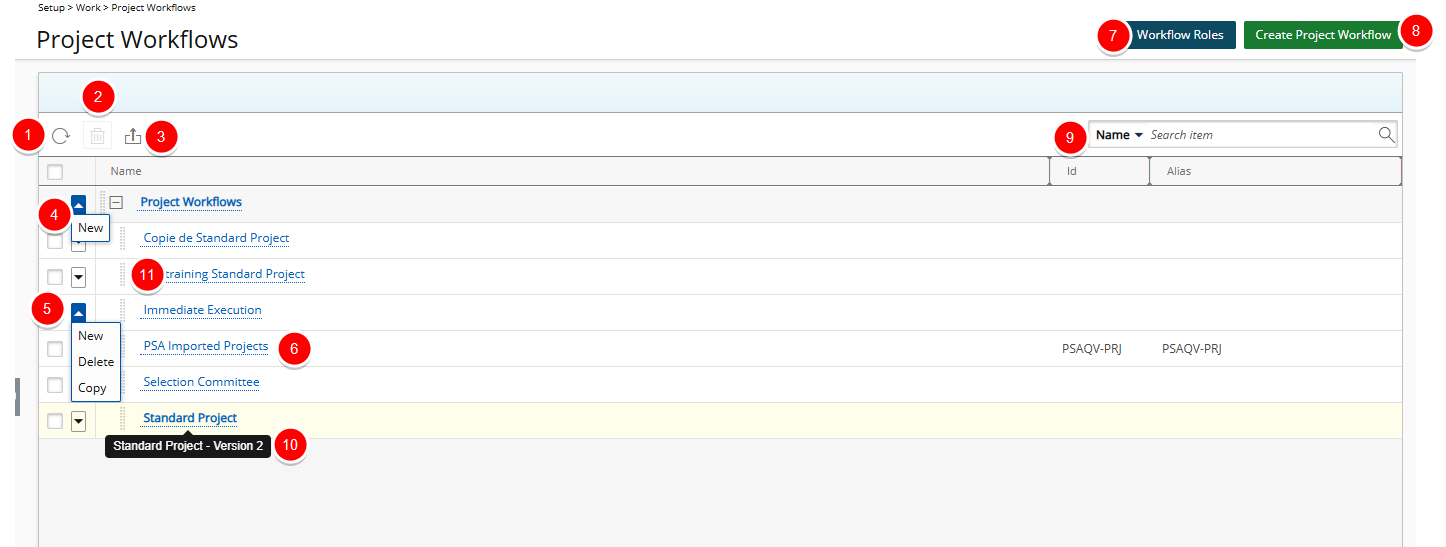 Available Options on the Project Workflows List Page