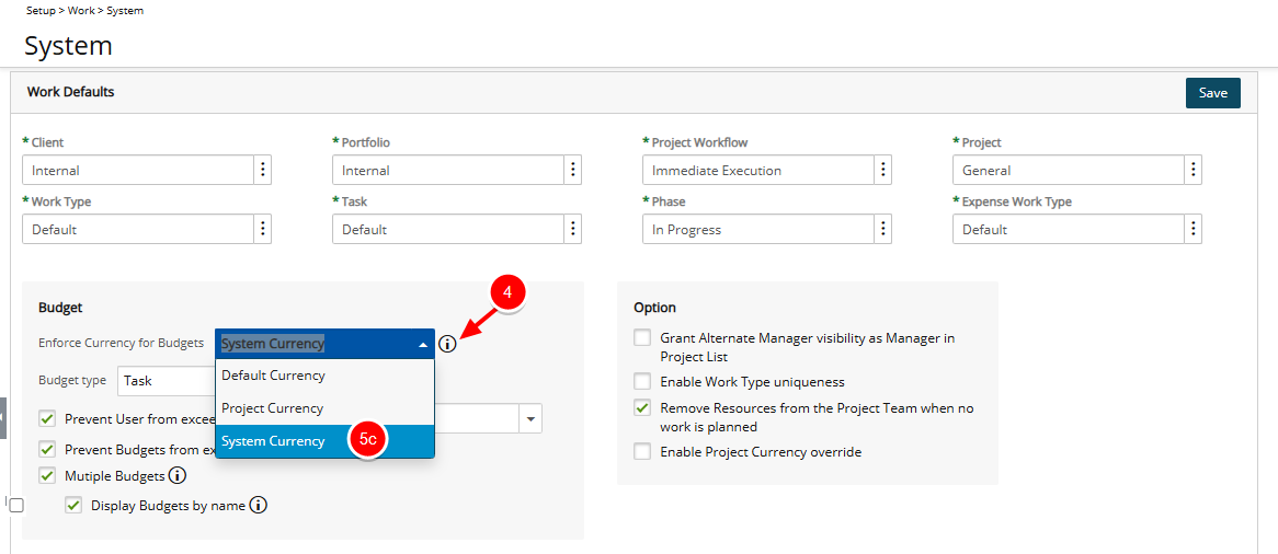 Select Enforce system currency for Budgets