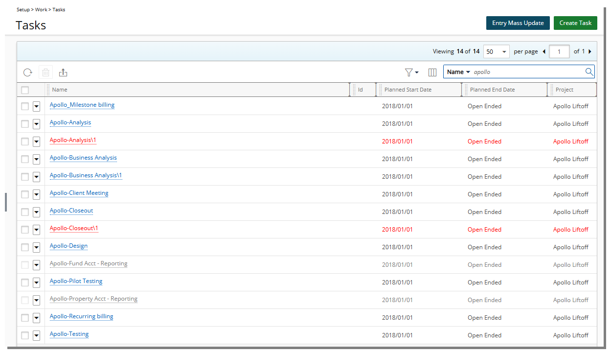 View the Tasks list page