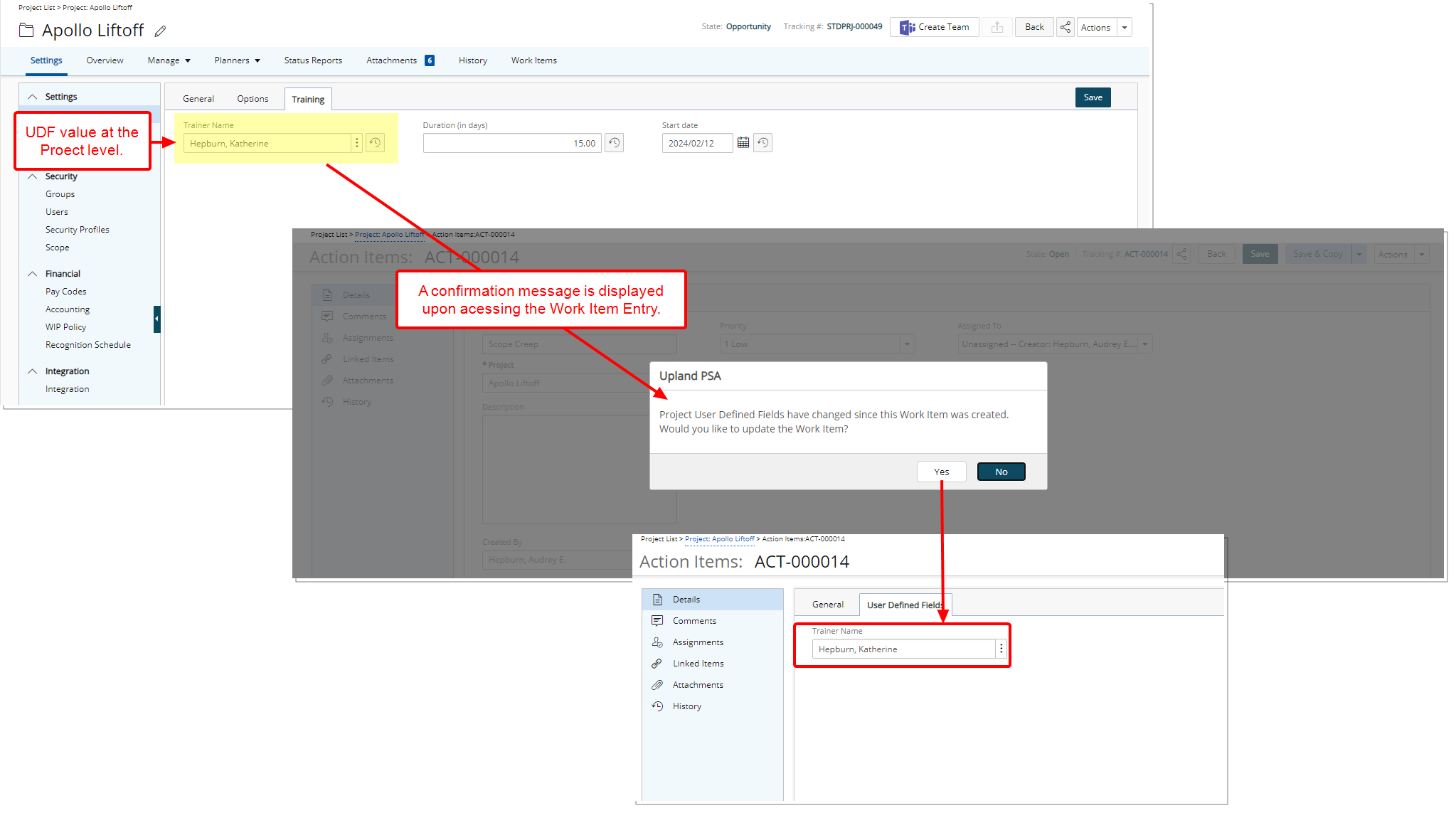 Project User Defined Fields have changed since this Work Item was created. Would you like to update the Work Item?