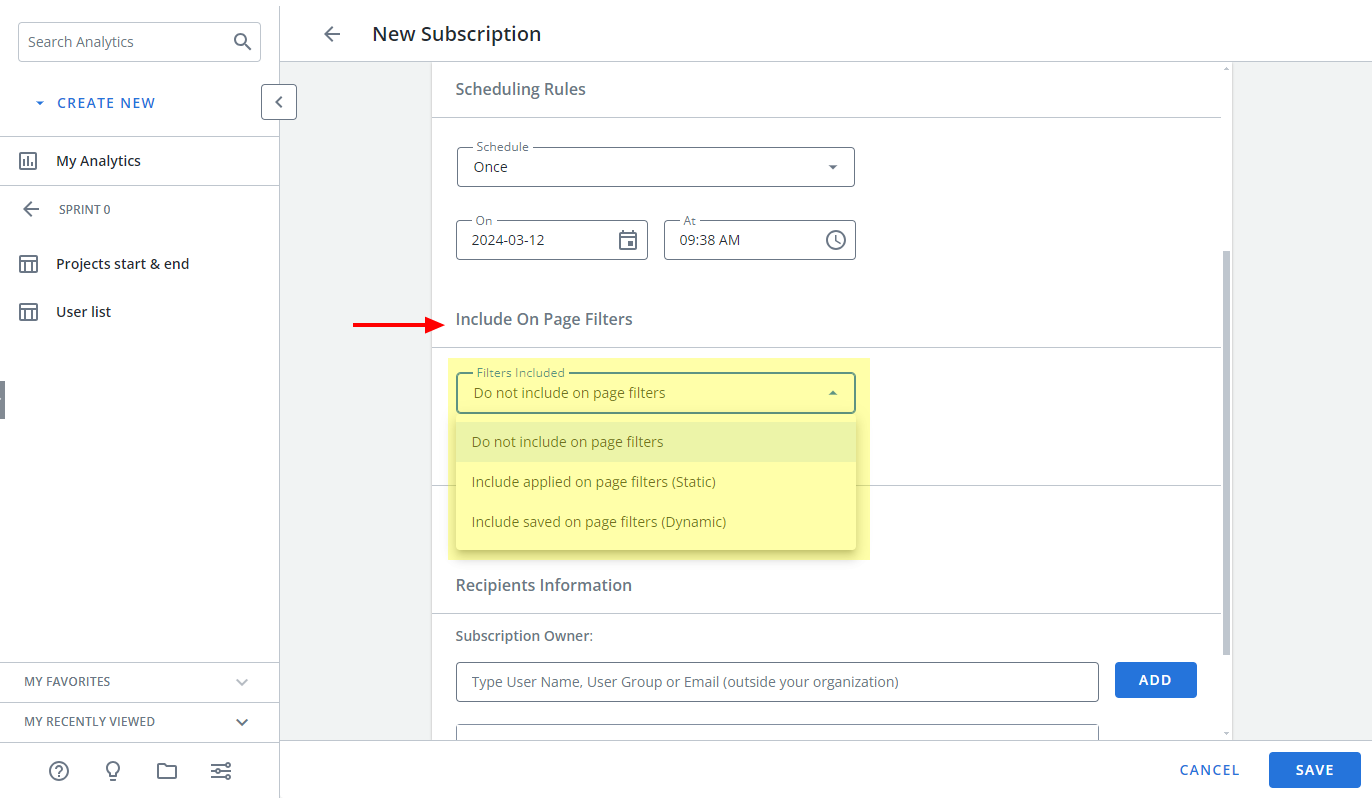 Manage On-Page Filters for Subscriptions