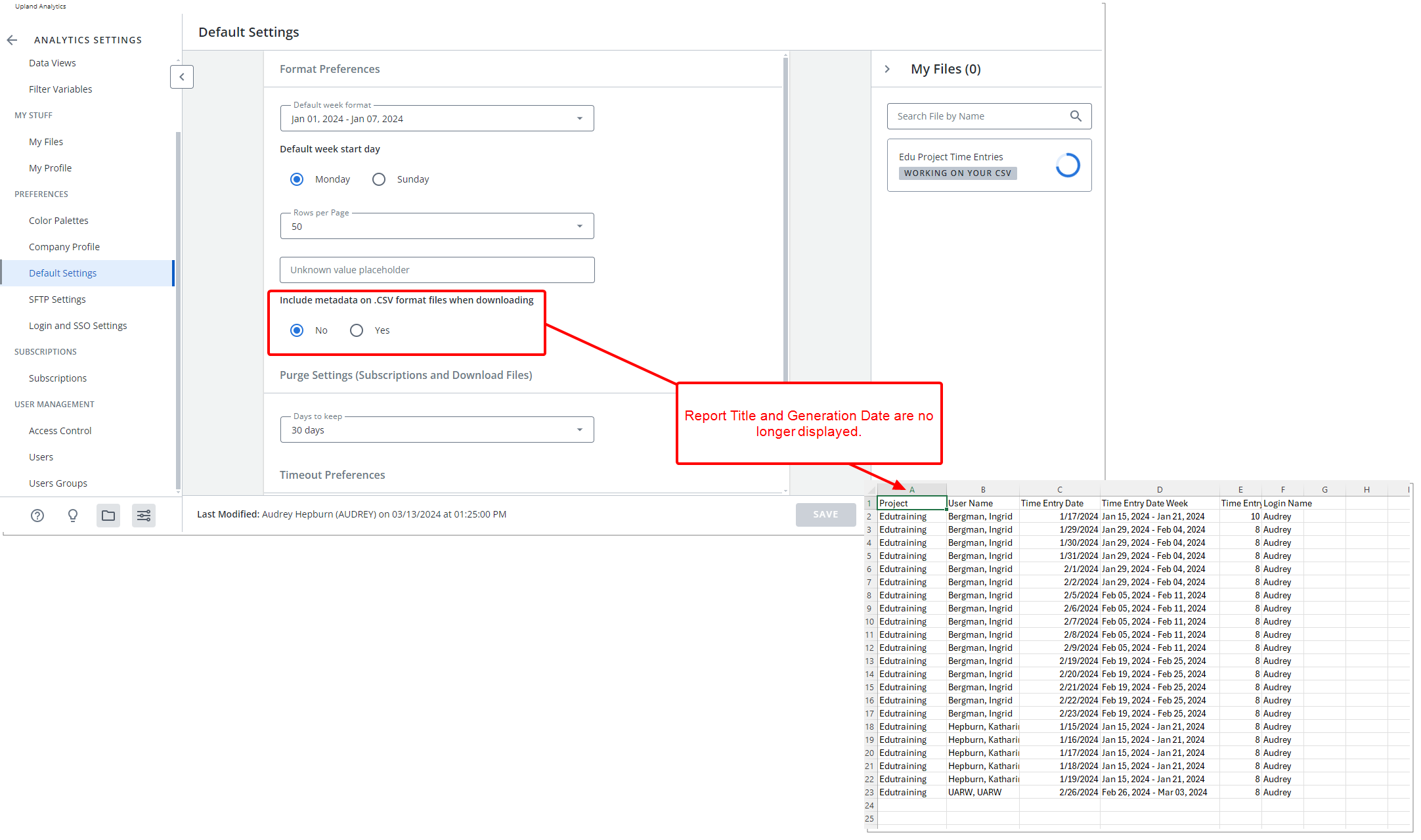 Addition of option to include metadata on .CSV format files