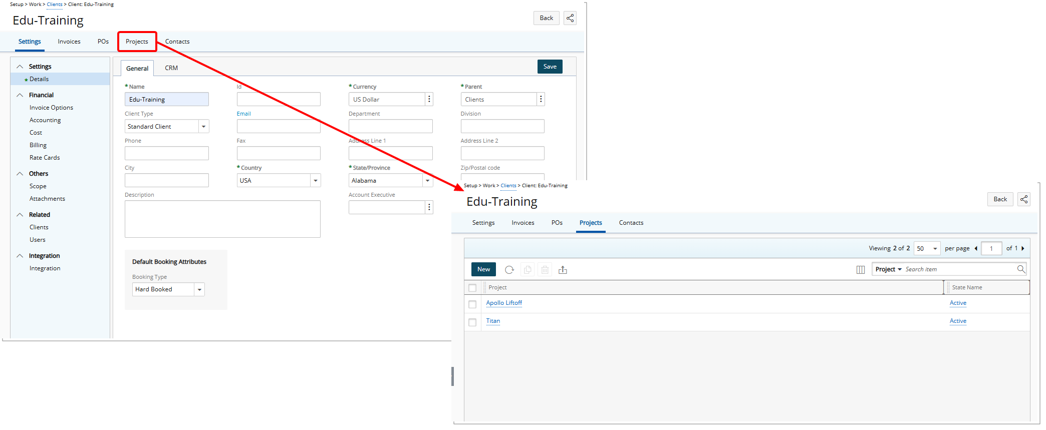 Addition of Projects Tab to Client Edit Page