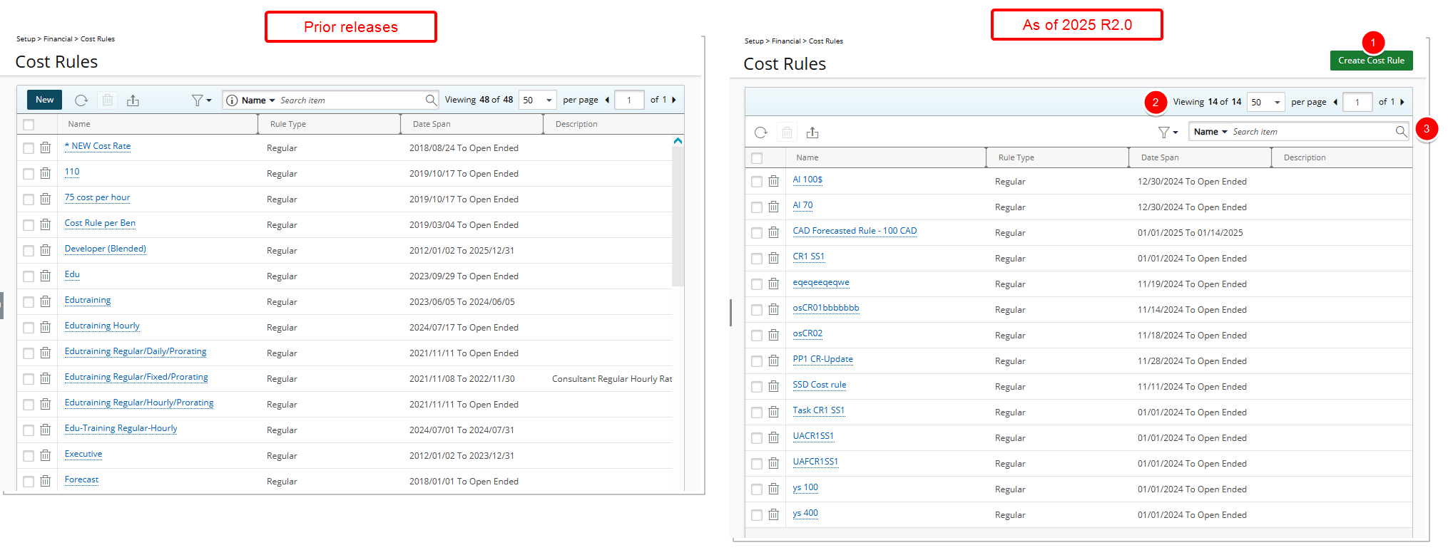 Cost Rules List Page