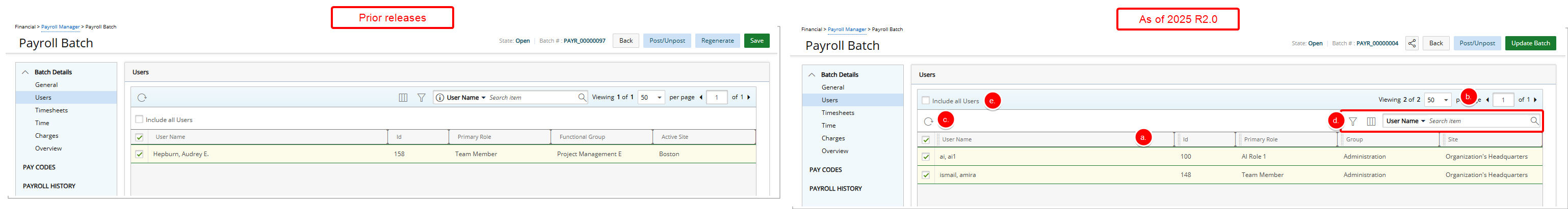 The Include all Users/Timesheets/Time Entries selection box is located on the left corner of the blue bar