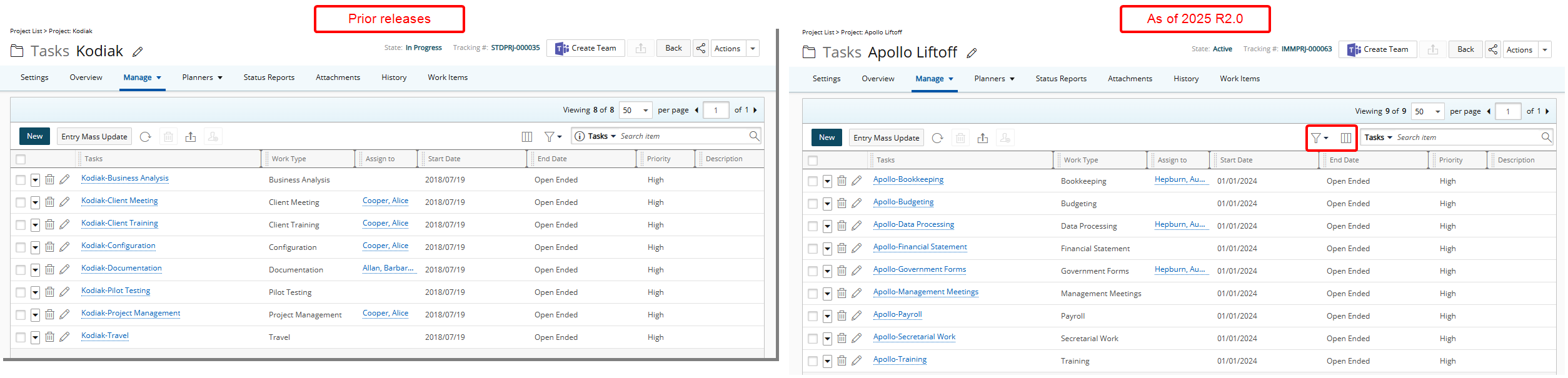 Manage Tasks List Page in Project Edit